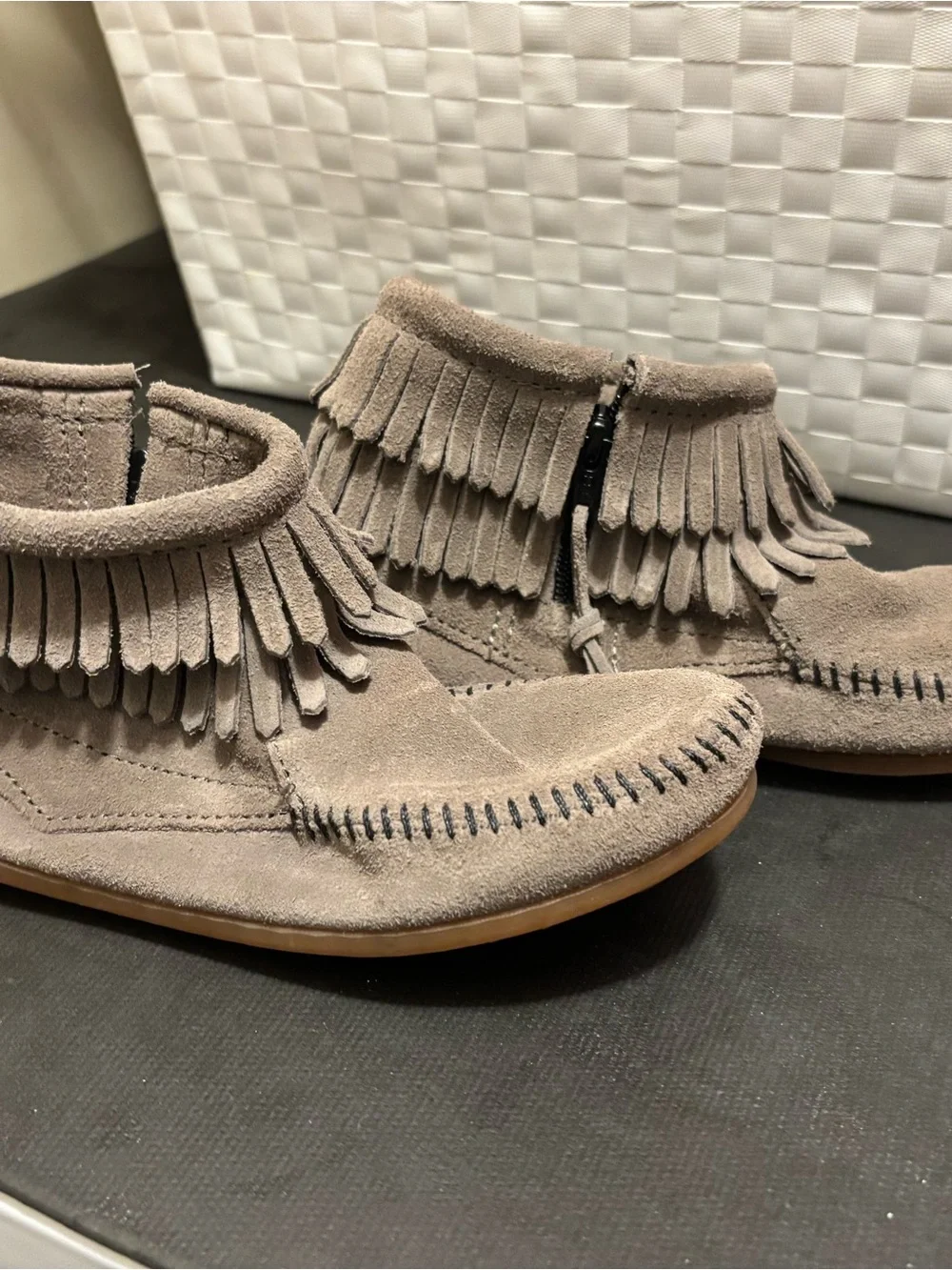Minnetonka Kids Suede Fringe Moccasins - Taupe